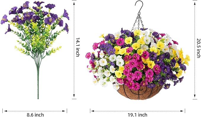 Artificial Faux Hanging Flowers Plants Baskets for Outdoors, Fake Silk Morning Glory in Planter UV Resistant Realistic Artificial Flower for Outside Porch Patio Balcony Garden Yard Home Decor