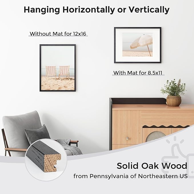 Axeman 12x16 Picture Frame with Mat for 8.5x11, Solid Oak Wood Frame with Tempered Real Glass, Wooden Certificate Document Frame for Wall with Wall Hook Included, Set of 2, Black