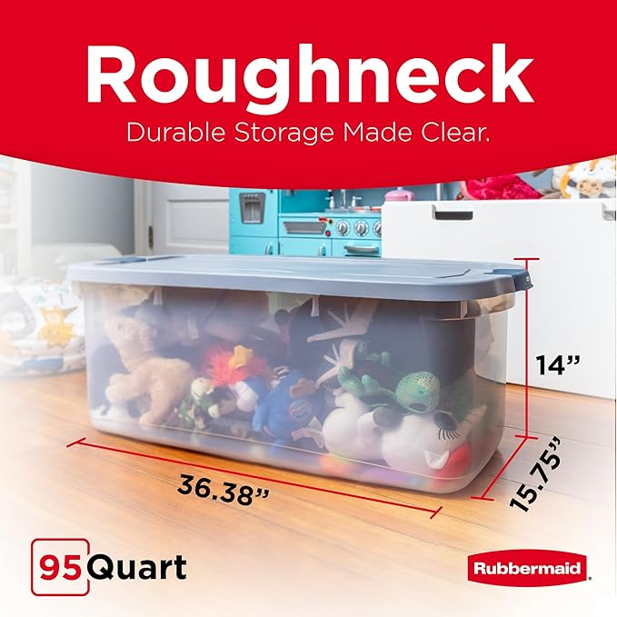 Rubbermaid Roughneck Clear 95 Qt/23.75 Gal Storage Containers, Pack of 4 with Latching Grey Lids, Visible Base, Sturdy and Stackable, Great for Storage and Organization