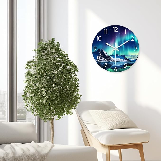 XNM Teal Glass Large Wall Clocks Battery Operated 20 Inch Aurora Wall Clocks for Living Room Decor Glacier Round Clock Silent
