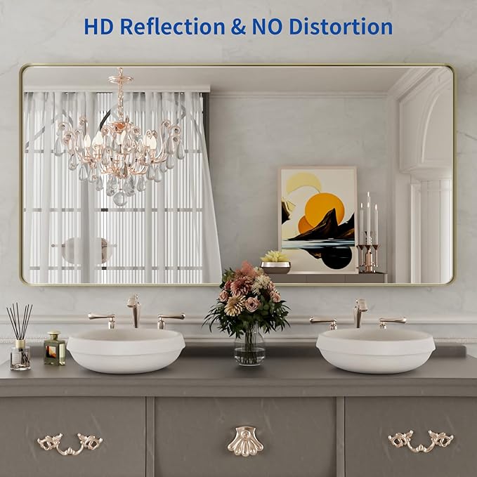 WEER Gold Bathroom Mirror, 60X36 Inch Brushed Gold Metal Frame Mirror, Rounded Rectangle Gold Bathroom Vanity Mirror for Wall, Tempered Glass, Anti-Rust, Hangs Horizontally or Vertically
