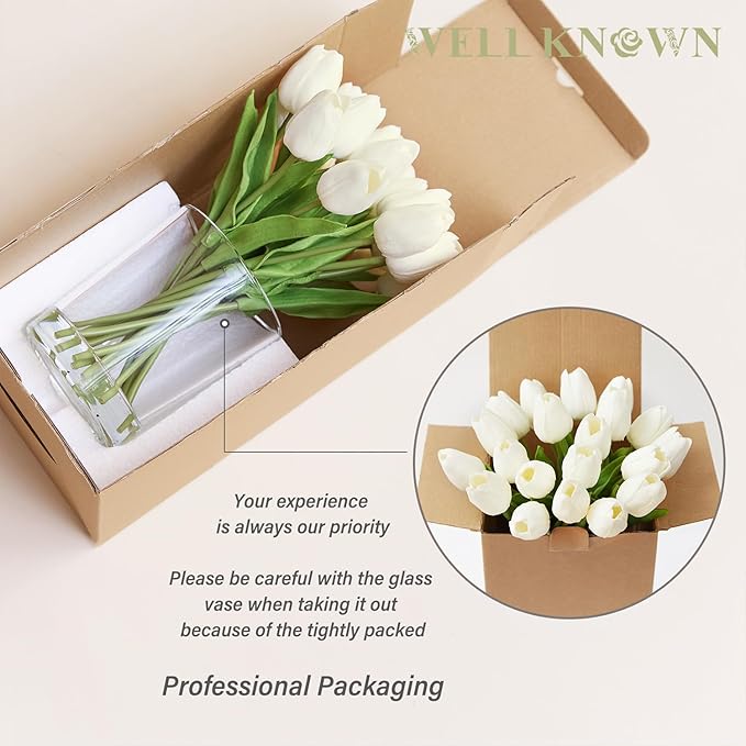 WELL KNOWN 20 Pcs White Tulips Artificial Flowers in Vase, Fake Flowers in Glass Vase, Real Touch Fake Tulips Artificial Flowers in vase with Faux Water for Home Decoration, Dining Table
