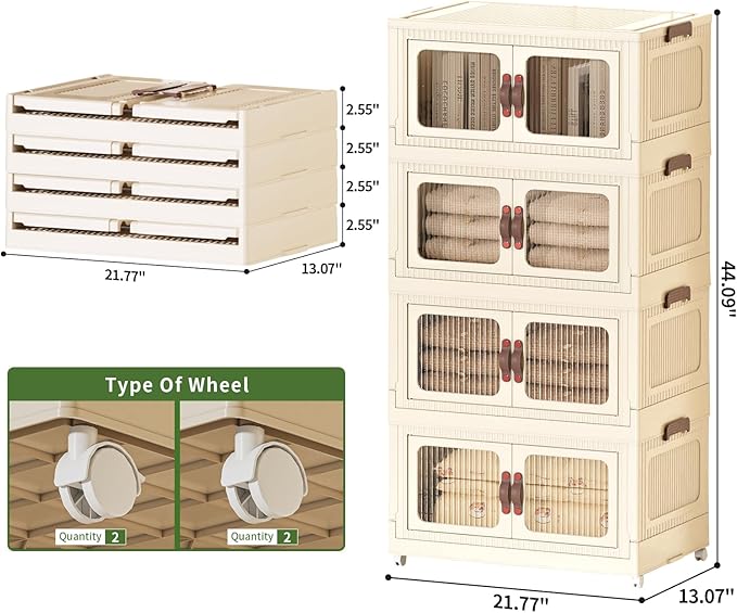 Stackable Storage Bins, Folding Storage Bins with Lids and Doors, Open Front Folding Storage Box with Wheels Plastic Storage Containers (4 Tier (Side Windows Not Visible), 55 Qt)