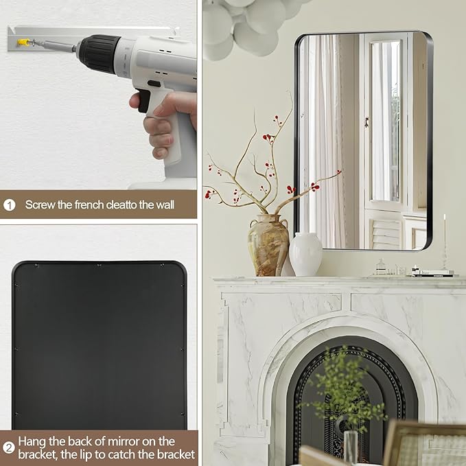 22x30 Inch Rectangle Bathroom Mirror, Brushed Black Vanity Mirrors for Wall, Metal Frame Wall Mirror, Mirror with Round Corner for Bedrooms, Entryways, Living Rooms, Horizontal/Vertical