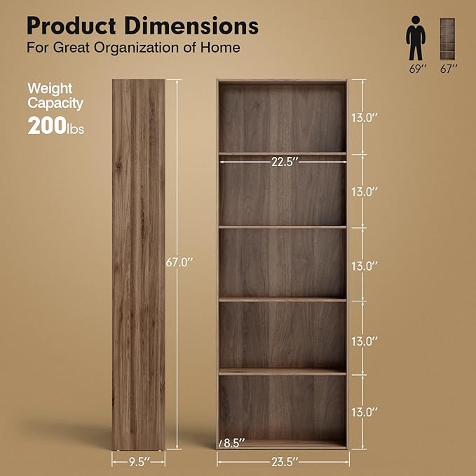 Tangkula 5-Tier Bookcase, 67” Tall Freestanding Bookshelf with 5 Open Shelves, Anti-Toppling Kits, Floor Display Storage Organizer for Living Room, Study, Kitchen, Home & Office (Rustic Brown, 67" H)