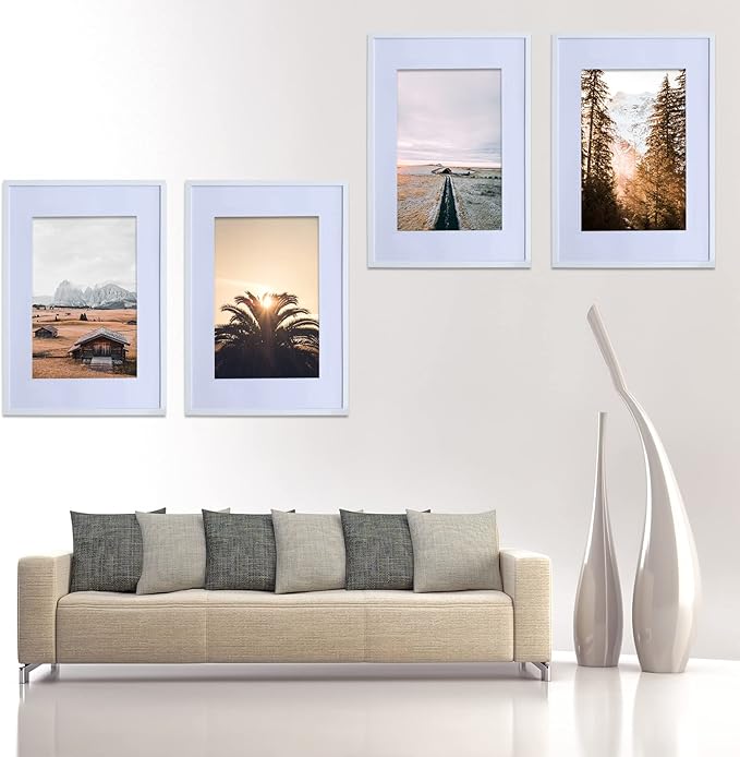 Art Emotion White 16x24 Picture Frame Display 12x18 Pictures with Mat or 16x24 without Mat, Horizontal and Vertical for Wall- 4 packs.