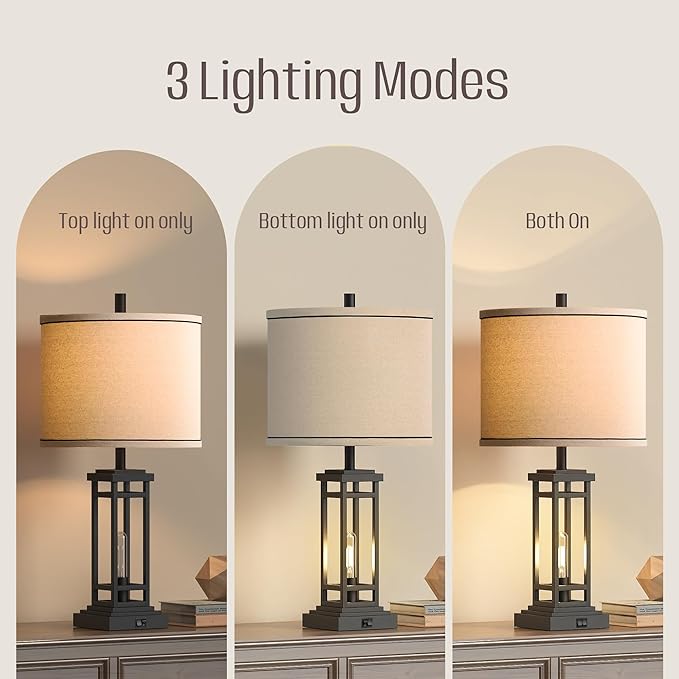 ROTTOGOON 27.5 Tall Farmhouse Table Lamp with USB C + USB A Charge Ports, Rustic Living Room Lamp, Black Industrial End Table Lamp for Bedroom Living Room Nightstand (Black)
