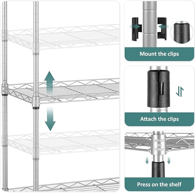 Homdox 6-Tier Storage Shelf Wire Shelving Unit Free Standing Rack Organization with Adjustable Leveling Feet, Stainless Side Hooks, Silver