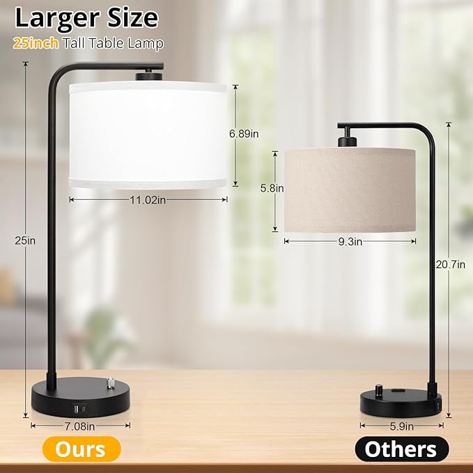 Table Lamp for Bedroom with USB C+A Ports, Fully Stepless Dimmable Farmhouse Bedside Lamp Nightstand Light, Tall Reading Desk Lamp for Living Room, Office, 9W LED Bulb Included