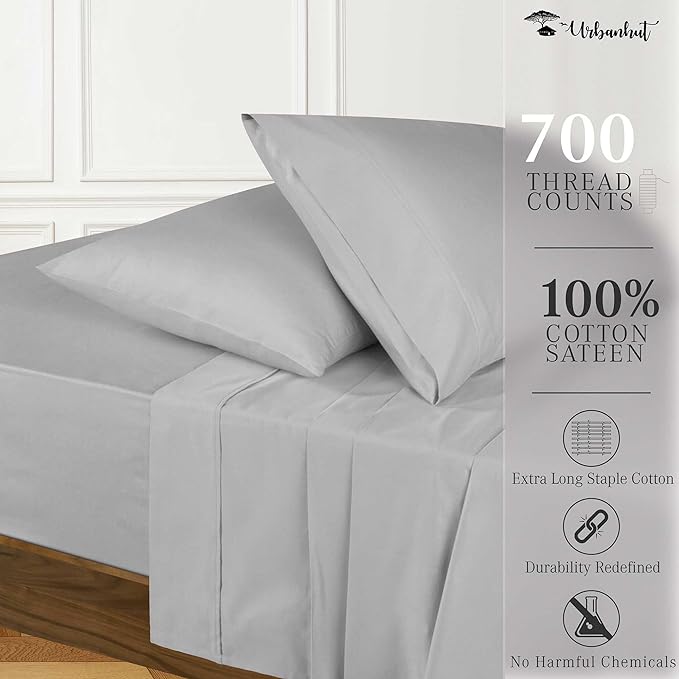 URBANHUT 700 Thread Count Egyptian Cotton Sheets Twin Size, 4Pc Sheet Set Soft Luxury Bed Sheets for Twin Size Bed, Sateen Weave Hotel Sheets, 14'' Elasticized Deep Pocket - Silver Grey