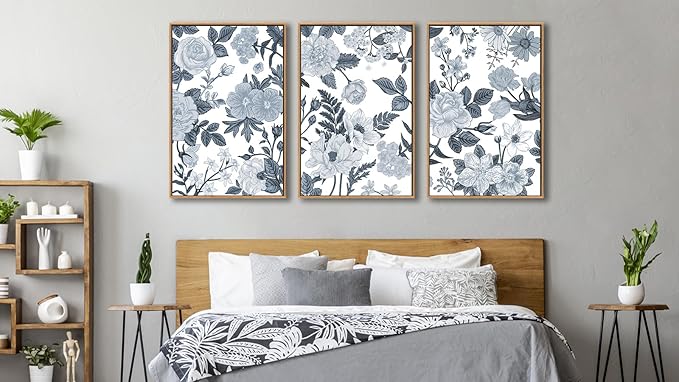 Large Framed Canvas Wall Art - Natural Float Framed Rustic Grey White Flowers Pictures Decor Gray Blue Leaves Artwork Prints for Bedroom Living Room Kitchen Home Office Decoration 48" X 24" Set of 3