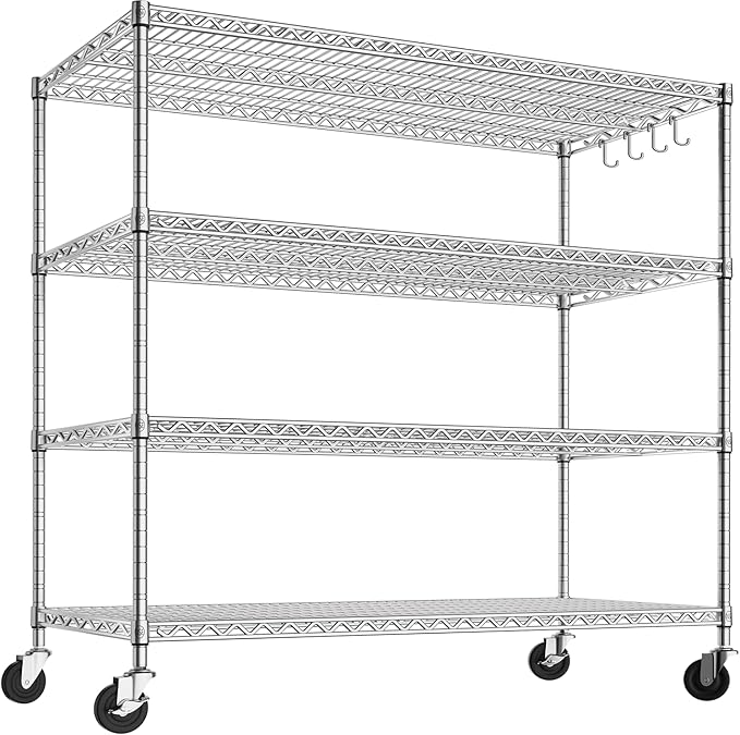 PrimeZone Storage Shelves 55.5" W x 24" D x 76" H 4 Tier with Wheels, Adjustable Wire Shelving Garage Heavy Duty Shelves Unit, Rolling Metal Organizer Shelf Utility Rack for Warehouse, Pantry, Chrome