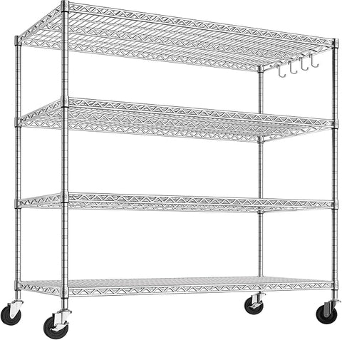 PrimeZone Storage Shelves 55.5" W x 24" D x 76" H 4 Tier with Wheels, Adjustable Wire Shelving Garage Heavy Duty Shelves Unit, Rolling Metal Organizer Shelf Utility Rack for Warehouse, Pantry, Chrome