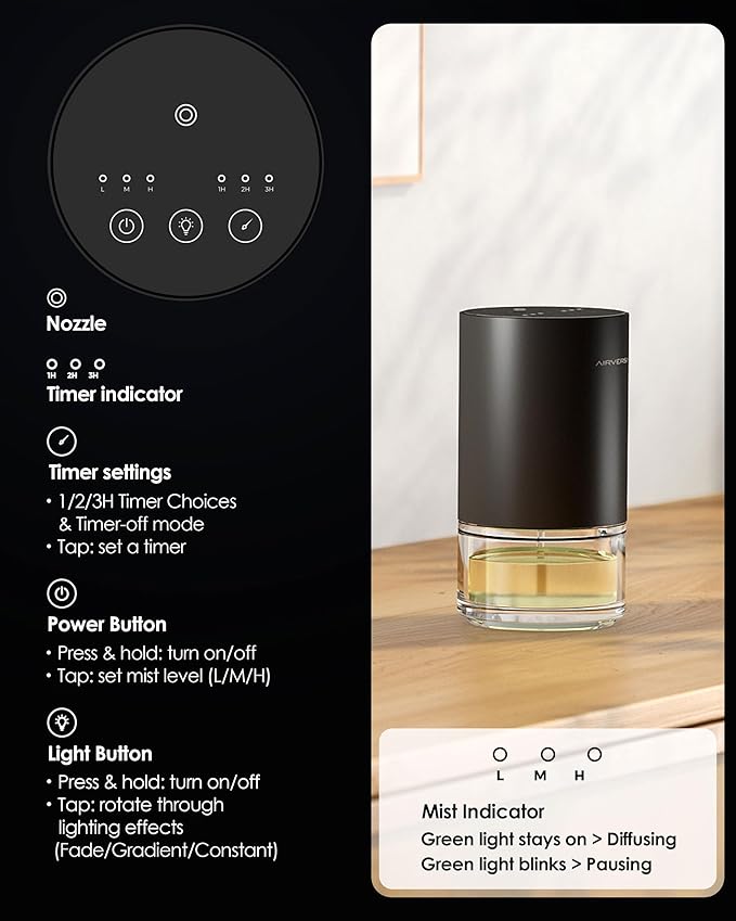 Waterless Essential Oil Diffuser Starter Kit with 30mL Hotel Scent Fragrance Oils Inspired of Ritz Carlton, Battery Operated Mini Scent Air Machine Portable Diffuser for Home Car Office, Black AN9