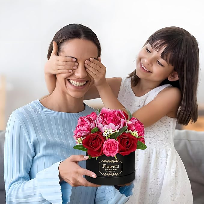 Hollyone Red Artificial Peonies Roses in Vase Round Gift Boxes with Fake Flowers Arrangements Faux Flowers Floral in Box Vase for Her Mothers' Day Valentine's Day Christmas Birthday Graduation Gift