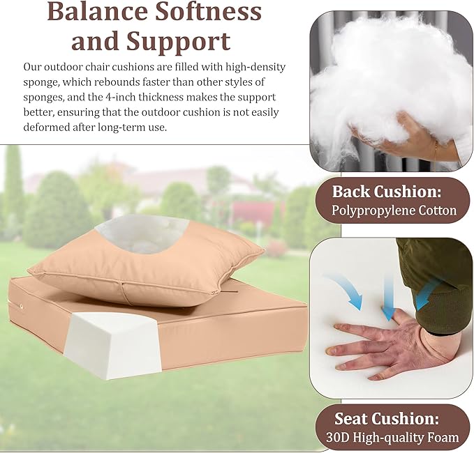 Waterproof Outdoor Chair Cushion Set of 4, 19x19x4 IN Deep Seat Patio Cushions with Fade Resistant Removable Cover,Outdoor Cushions for Patio Furniture with Ties&Handle for Chair Sofa Couch,Beige