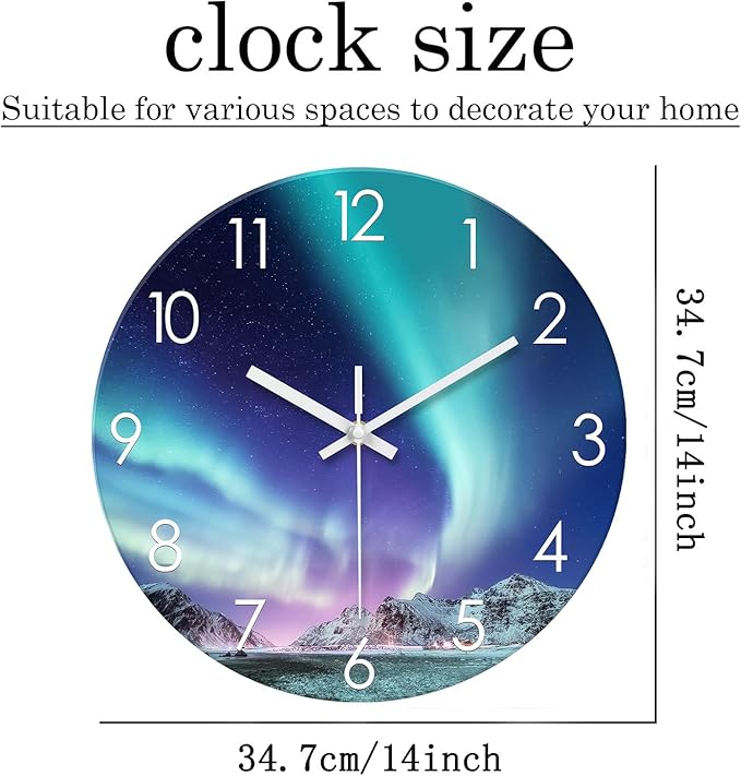 XNM Polar Light Wall Clocks Battery Operated 14 Inch Glass Iceberg Clock Silent Round Turquoise Wall Clock for Kitchen