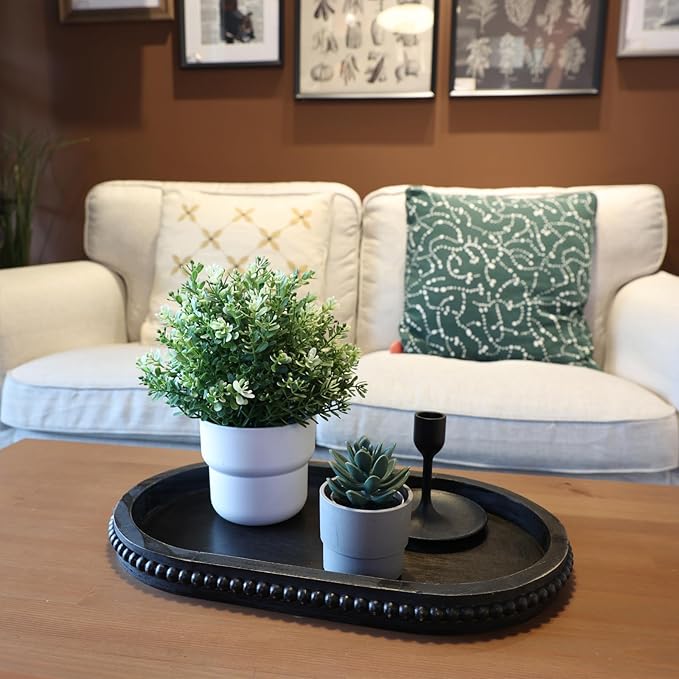 Vintage Black Oval Wood Decorative Ottoman Tray for Coffee Table Kitchen Counter, Living Room, Handcrafted Wooden Serving Tray for Table Centerpiece