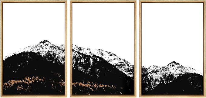 SIGNWIN 3 Piece Framed Canvas Wall Art Black and White Mountain Tops Photo Nature Wilderness Illustrations Abstract Traditional Home Artwork Decoration for Living Room,Bedroom - 16"x24"x3 Natural