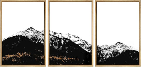 SIGNWIN 3 Piece Framed Canvas Wall Art Black and White Mountain Tops Photo Nature Wilderness Illustrations Abstract Traditional Home Artwork Decoration for Living Room,Bedroom - 16"x24"x3 Natural