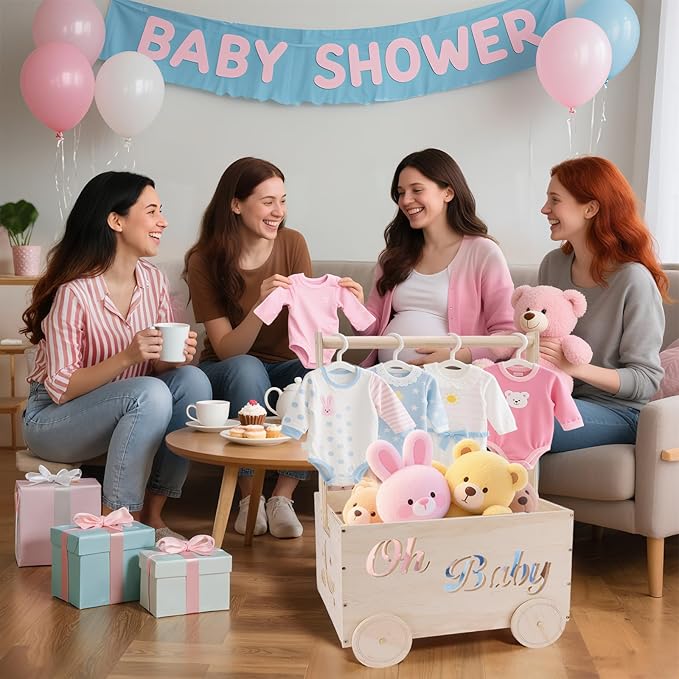 Wooden Baby Shower Crate Closet, Baby Shower Gifts Basket for Newborn Boys Girls, Personalized Babyshower Crate Box with Handle & Wheels, Pregnancy Gifts for New Mom Parents