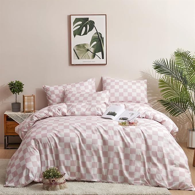Pureant Pink White Plaid Comforter Sets California King Women Men Bean Pink and White Checkerboard Grid Bedding Comforters Cal King Modern Dusty Pink Checkered Geometric Quilts Luxury Abstract Bed
