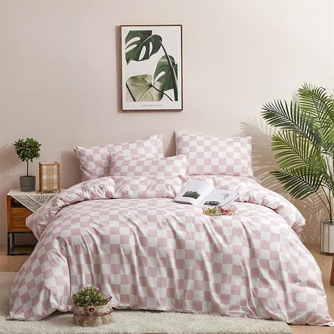 Pureant Pink White Plaid Comforter Sets California King Women Men Bean Pink and White Checkerboard Grid Bedding Comforters Cal King Modern Dusty Pink Checkered Geometric Quilts Luxury Abstract Bed