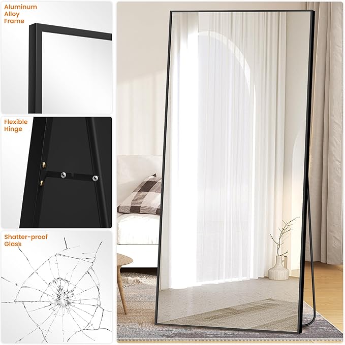 Full Length Mirror, 75"x35" Standing Floor Full Body Mirror for Wall with Aluminum Alloy Frame for Bedroom, Living Room, Dressing Room(Black)