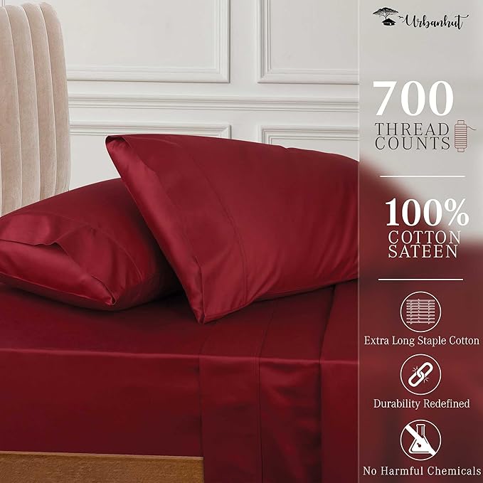 URBANHUT 700 Thread Count Egyptian Cotton Twin Sheets, 4Pc Sheet Set Soft Luxury Bed Sheets for Twin Size Bed, Sateen Weave Hotel Sheets, 14'' Elasticized Deep Pocket - Burgundy