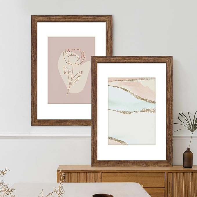A3 Frame Set of 2, Rustic Brown Wood Style - Display Pictures A4 with Mat or 11.7x16.5 without Mat, Wall Mounting Horizontal and Vertical