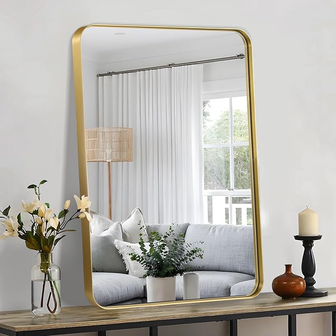 24x36 Inch Gold Bathroom Mirror, Brushed Metal Framed Rectangle Mirror with Rounded Corner, Gold Bathroom Vanity Mirror for Bedroom or Living Room, Horizontal/Vertical