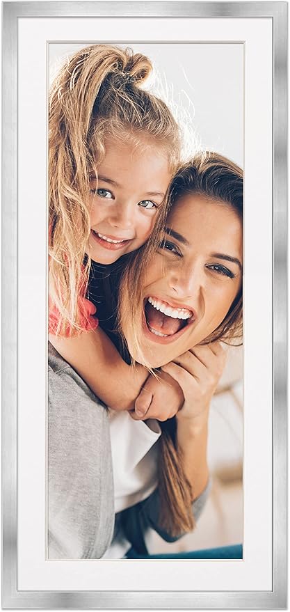 13.5x40 Frame with Mat - Silver 16x43 Frame Wood Made to Display Print or Poster Measuring 13.5 x 40 Inches with White Photo Mat