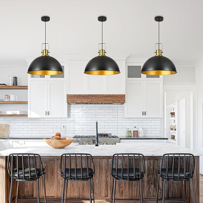 18 Inch Black Farmhouse Pendant Lights for Kitchen Island Industrial Pendant Lighting Adjustable Height Vintage Dome Hanging Light Fixtures for Barn, Dining Room
