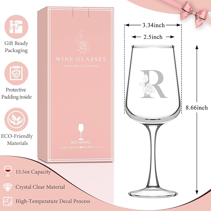 Monogrammed Wine Glass Gifts for Women - Personalized A-Z Wine Glasses with Gift Box & Greeting Card | Custom Mothers day, Anniversary, Birthday Gifts for Her, Mom, Wife, Best Friend, Sister,Woman (R)