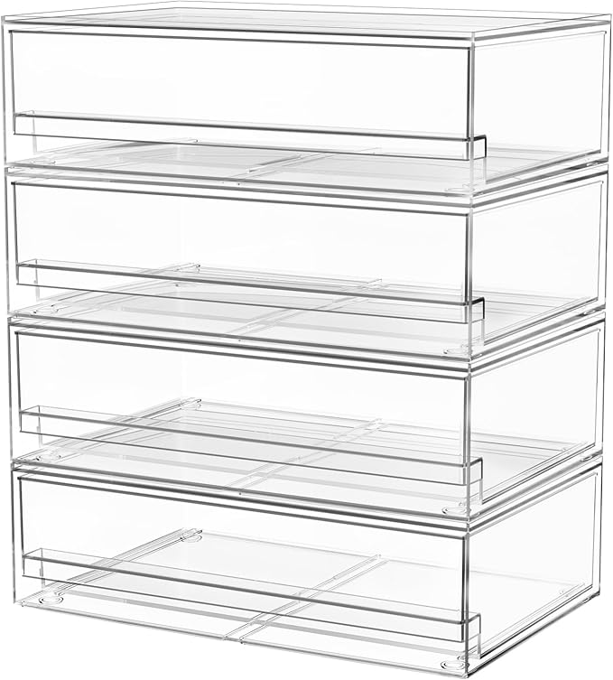 A-LuGei 【𝟰𝗣𝗖𝗦】 Acrylic Stackable Storage Drawers, 11.8" W Makeup Organizer, Bathroom Organizer and Storage, Plastic Storage Bins for Kitchen Cabinet Pantry Medicine Fridge