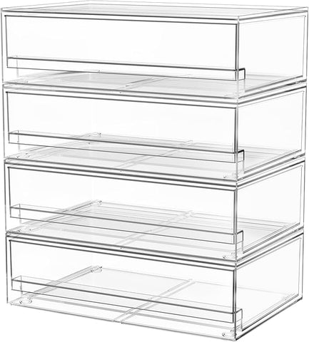 A-LuGei 【𝟰𝗣𝗖𝗦】 Acrylic Stackable Storage Drawers, 11.8" W Makeup Organizer, Bathroom Organizer and Storage, Plastic Storage Bins for Kitchen Cabinet Pantry Medicine Fridge
