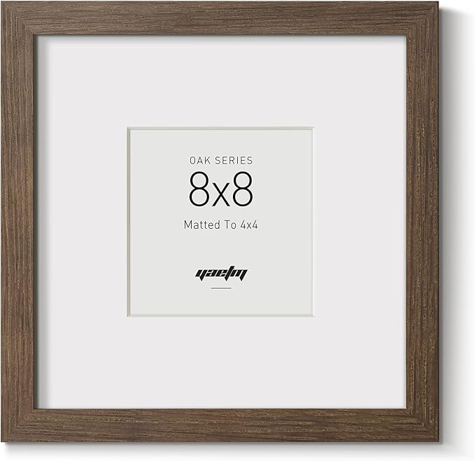 Yaetm Square 8x8 Picture Frame – Brown Walnut, Rustic Solid Wood Frame 8x8 with Tempered Real Glass, Display 4x4 Photo with Mat or 8 x 8 Art Print without Mat, Wall Mount (Single, Walnut)
