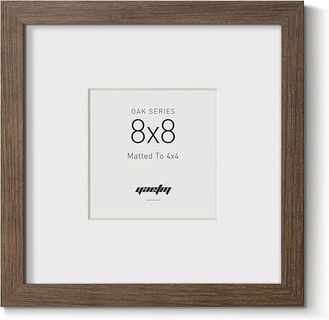 Yaetm Square 8x8 Picture Frame – Brown Walnut, Rustic Solid Wood Frame 8x8 with Tempered Real Glass, Display 4x4 Photo with Mat or 8 x 8 Art Print without Mat, Wall Mount (Single, Walnut)