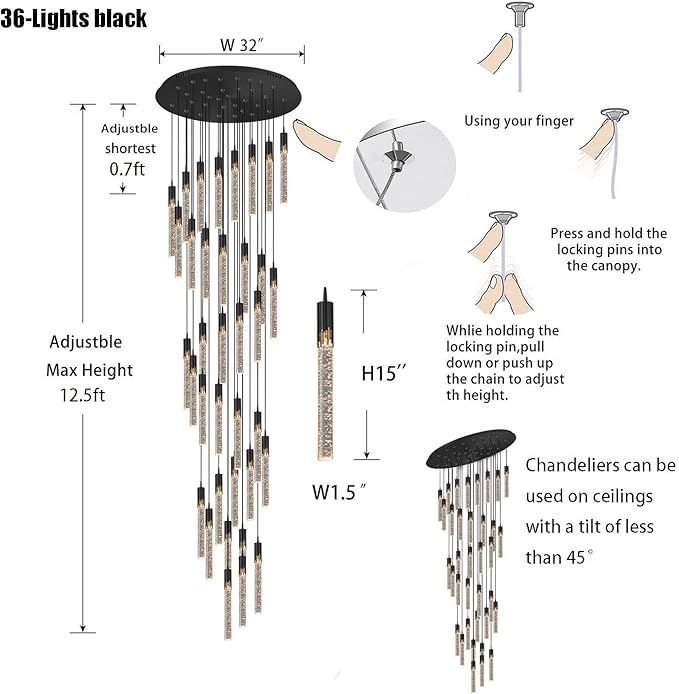 Flashing God Long Chandeliers for High Ceiling Black Bubble Crystal Chandelier Large Foyer Entrance Chandeliers for High Ceiling Big Crystal Chandelier LED Dimmable 2700K-6000K