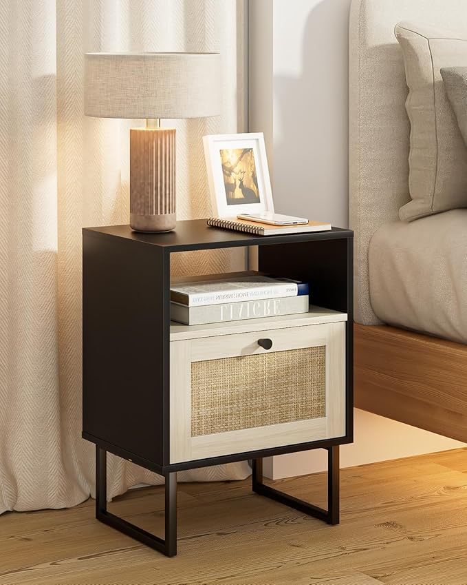 Rattan Nightstand, Boho Night Stand Farmhouse Wood Bedside Table with Storage and Open Shelf, End Side Accent Table for Bedroom,Living Room,Black and Oak