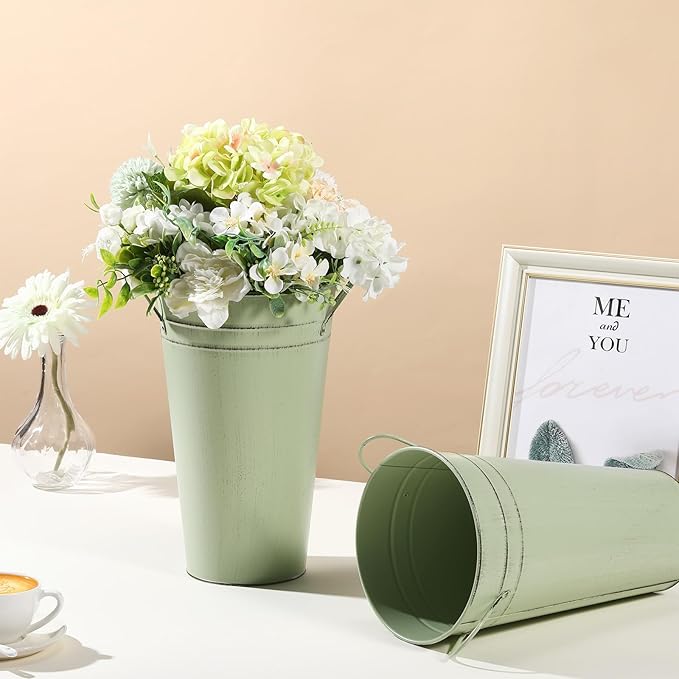 Irenare 12 Inch Vintage Galvanized Flower Bucket Metal Flower Vase Farmhouse French Bucket Planter Metal Floral Container for Party Table Centerpiece Weddings Home(Sage Green,6 Pcs)