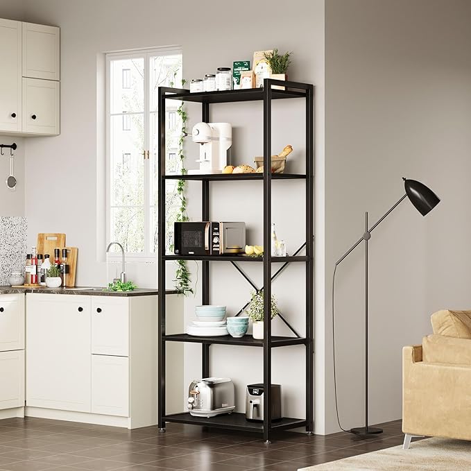 Casaottima Book Shelf, 5 Tier Bookshelf, Modern Wood Bookcase Shelves for Bedroom, Industrial Display Shelf for Living Room Home Office Kitchen, Standing Shelving Unit Storage Organizer, Black