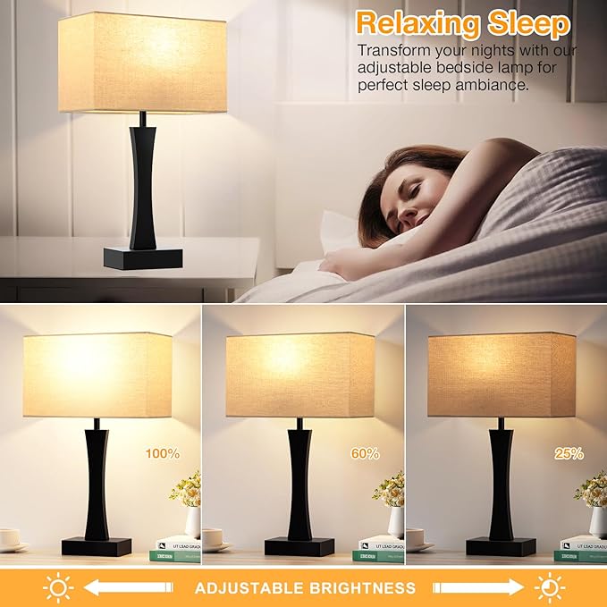Bedside Lamps for Night Stands - 3 Way Dimmable Table Lamp for Bedroom with USB C+A Ports,Modern Bedside Lamps Set of 2, Touch Lamps for Nightstands(Beige)