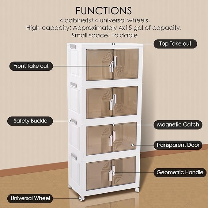 Foldable Storage Bins with Lids Stackable Storage Bins with Doors and Wheels Magnetic Dual-Opening Doors Storage Containers for Bedroom, Living Room, Closet, Laundry (White-4Pack)