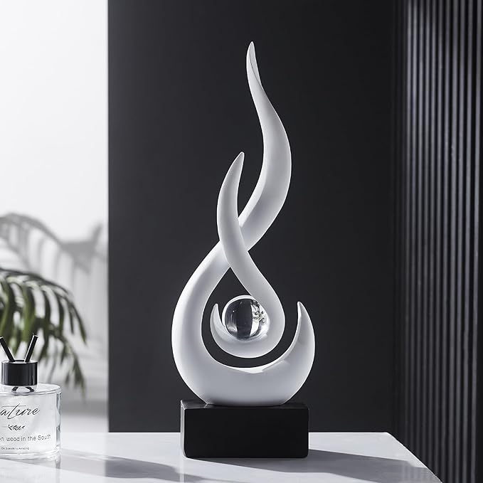 FJS White Modern Flame Statue Home Decorations for Living Room, 13.7" H Resin Sculptures Home Décor Accents, Abstract Art Sculpture for Dining Room Office Coffee Table Centerpiece