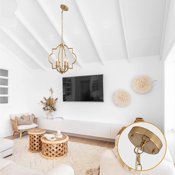 15.6" Brushed Gold Dining Room Light Fixtures Over Table, 4 Light Rustic Orb Geometric Pendant Light, Farmhouse Brass Chandelier for Entryway Foyer Bathroom