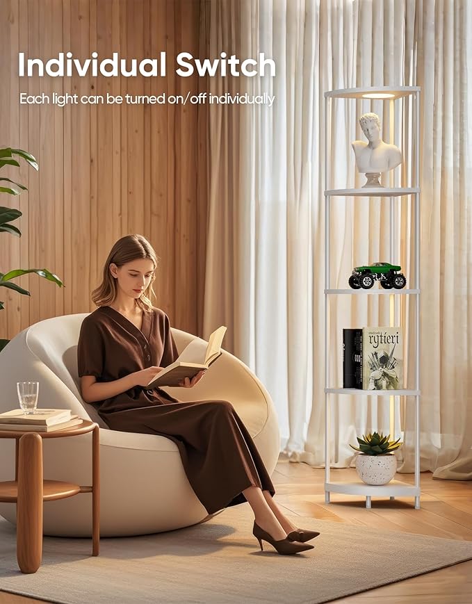 Corner Shelf with RGBCW LED Light, 64.5” Tall Floor Lamp Narrow Bookshelf Organizer, Standing Shelves with Metal Pole, Display Storage Rack for Wall Corner, Living Room, Bedroom, Office Décor, White