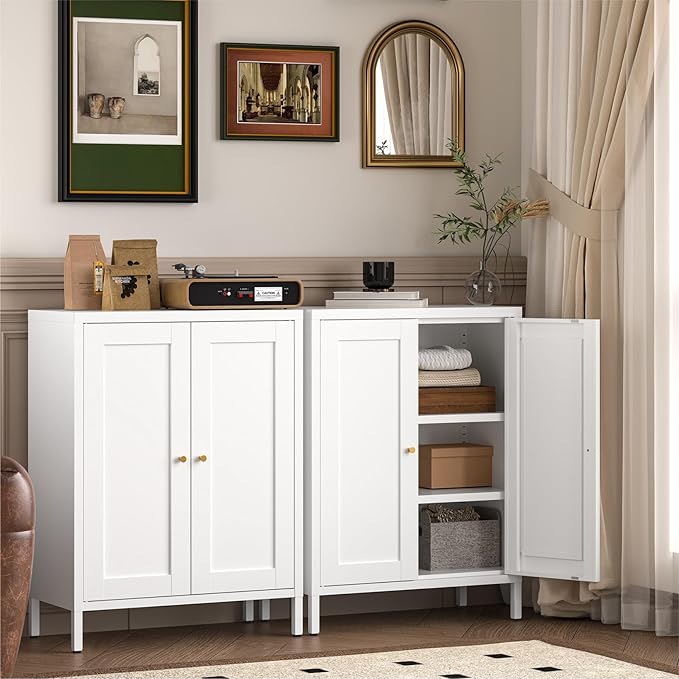 Metal Bathroom Storage Cabinet,Bathroom Floor Storage Cabinet with 2 Adjustable Shelves and 2 Doors,Freestanding Sideboard for Small Spaces, Living Room, Home Office, Dining Room,White