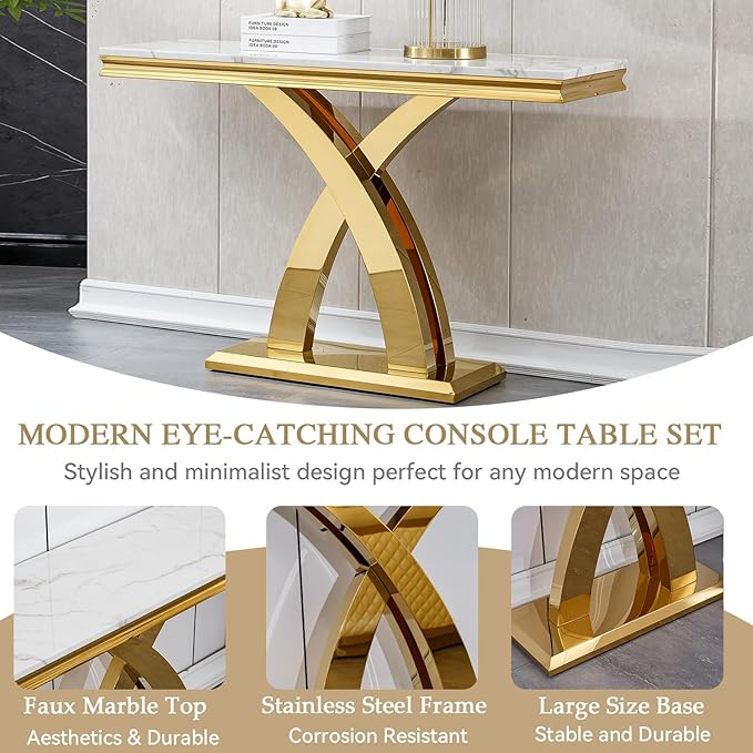 Marble Console Entryway Table, 47 inch Faux Marble Narrow Long Sofa Table, Modern White Tall Accent Table for Living Room, Entrance Table with Gold Geometric Stainless Steel Frame