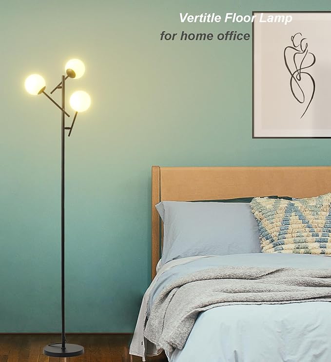 Fiqevs 3 Globe Floor Lamp with 2700K Warm Light & LED Bulbs Included, Mid Century Modern Standing Lamp with Adjustable Lampshade, Arc Sputnik Tree Tall Lamp for Living Room, Bedroom - Matt Black